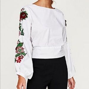 Zara embroidered crop top with puffy sleeves